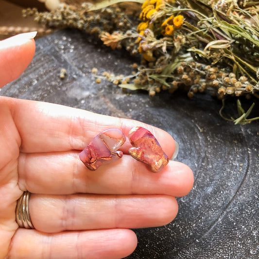 Kezi's Collection, Reds and Golds Mitten Polymer Clay Studs on Surgical Stainless Steel, Canadian Made