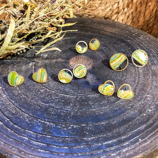 Bright Earthy Faux Stone Studs with Gold Frame, Polymer Clay, Canadian Made