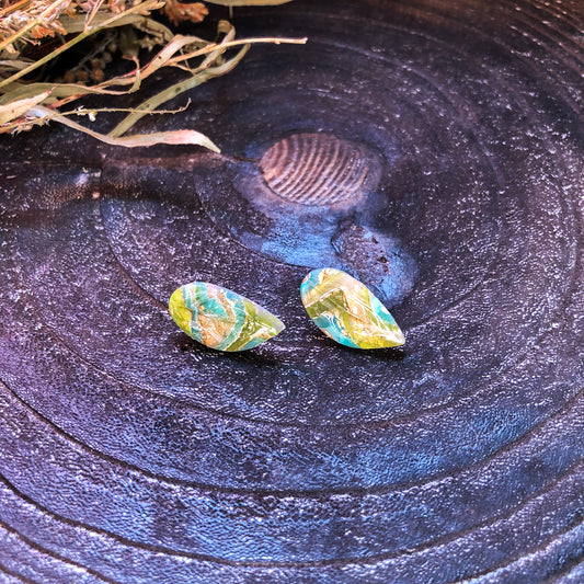 Bright Earthy Faux Stone Leaf Studs in Polymer Clay, Canadian Made