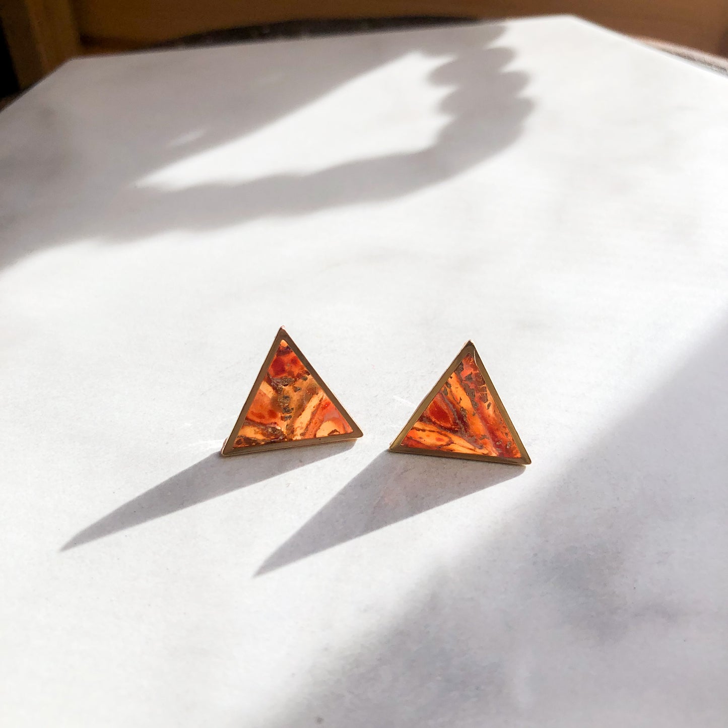 Earth Collection, Triangle Polymer Clay Studs with Brass Frame, on Surgical Stainless Steel