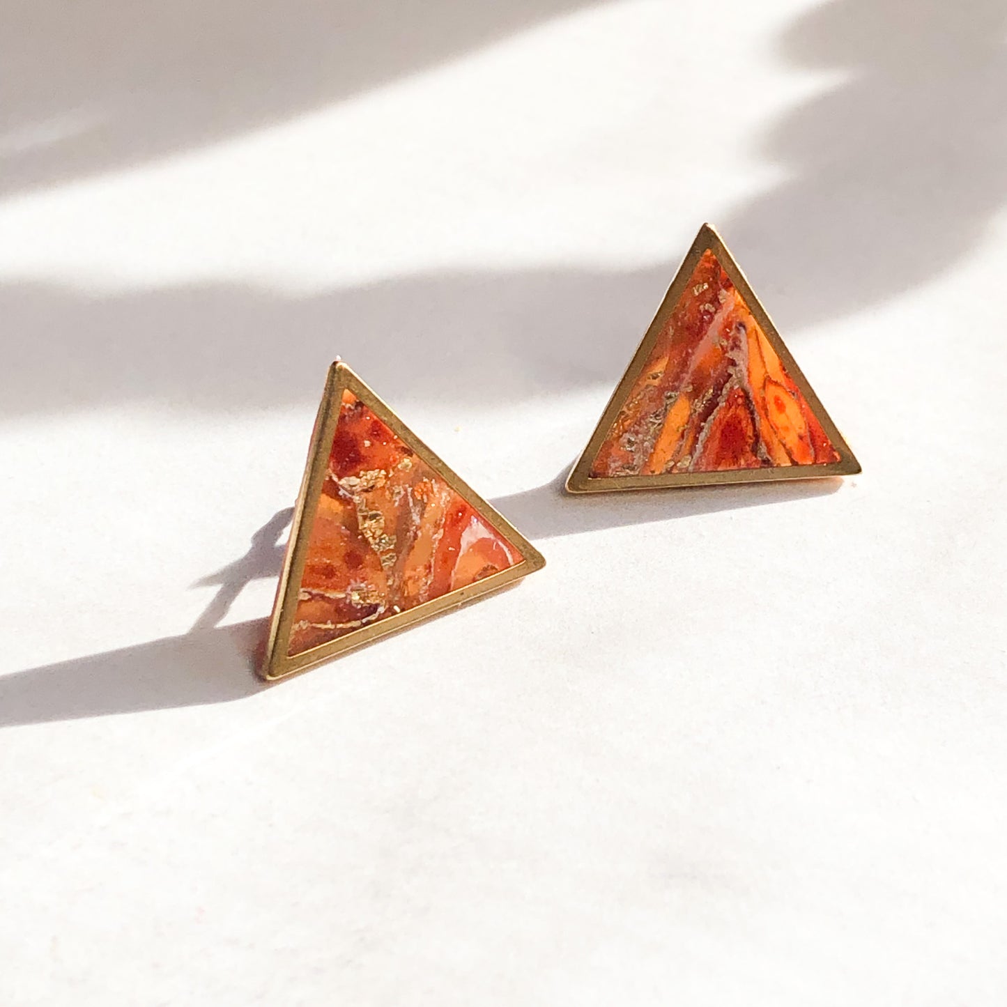 Earth Collection, Triangle Polymer Clay Studs with Brass Frame, on Surgical Stainless Steel