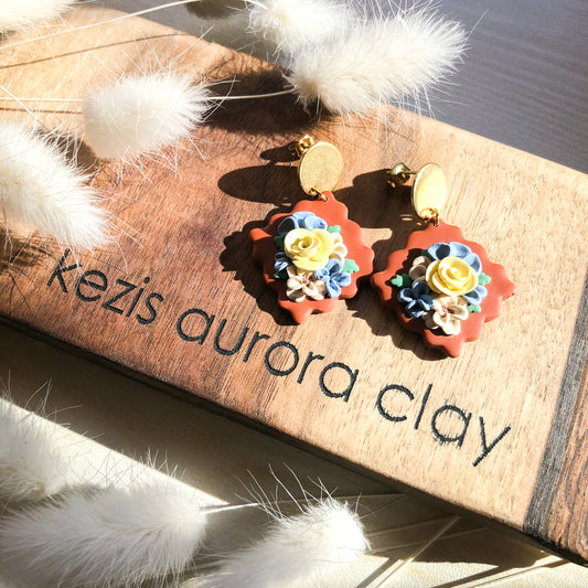 Autumn Floral Polymer Clay Dangle Earrings on Gold Circle Post, Canadian Made