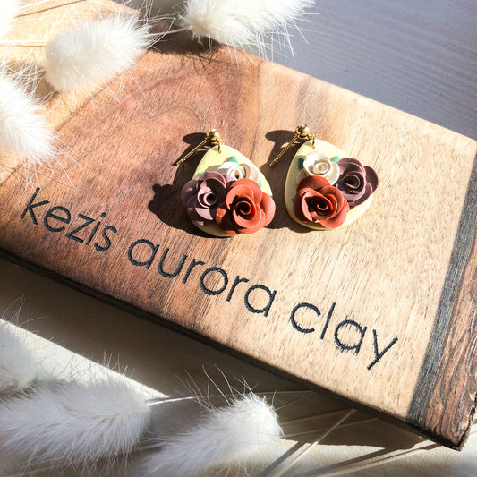 Autumn Floral Statement Polymer Clay Rose Earrings, Canadian Made